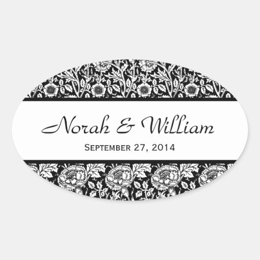Bruiloft Damask Zwart-wit Bloemen Damask Ovale Sticker (Voorkant)