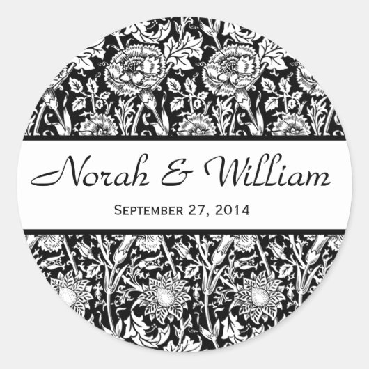 Bruiloft Damask Zwart-wit Bloemen Damask Ronde Sticker (Voorkant)
