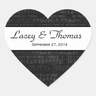 Bruiloft Damast Zwart-wit Muzieknoten Hart Sticker