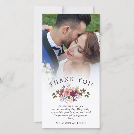 Bruiloft Dank Je Foto met Blos & Bourgondiërood Bedankkaart (Voorkant)