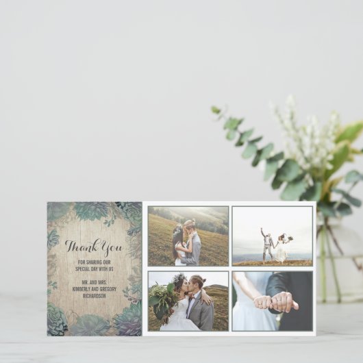 Bruiloft Dank Je Rustiek Hout en Succulenten Bedankkaart (Staand voorkant)