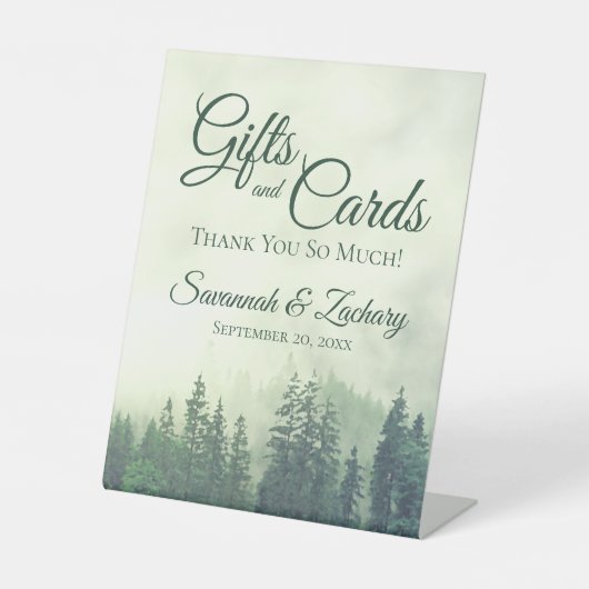 Bruiloft Dank je wel Mistige Groene Dennen Huwelij Reclamebord Met Voetstuk (Voorkant)