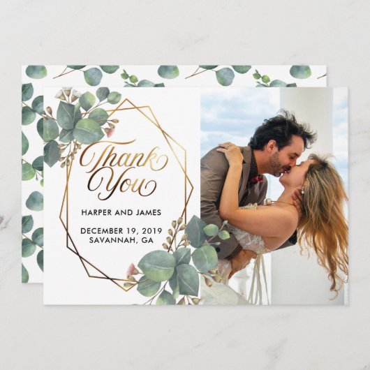 Bruiloft dank u eucalyptus fotokaart save the date (Voorkant / Achterkant)