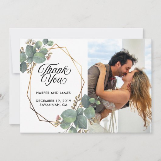 Bruiloft dank u eucalyptus fotokaart save the date (Voorkant)