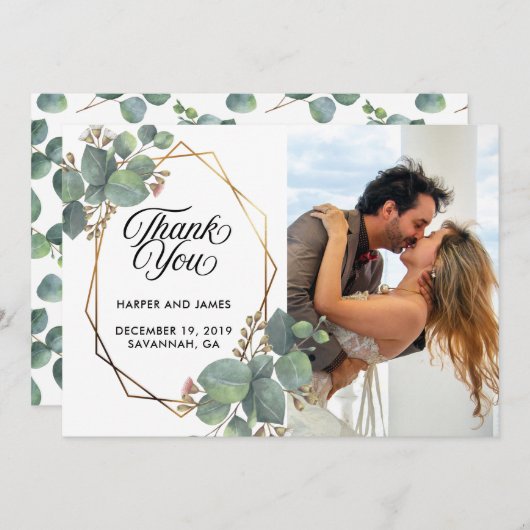 Bruiloft dank u eucalyptus fotokaart save the date (Voorkant / Achterkant)