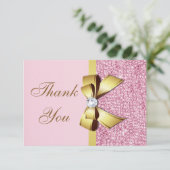 Bruiloft dank u Faux roze pailletten gouden strik Bedankkaart (Staand voorkant)