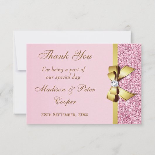 Bruiloft dank u Faux roze pailletten gouden strik Bedankkaart (Achterkant)