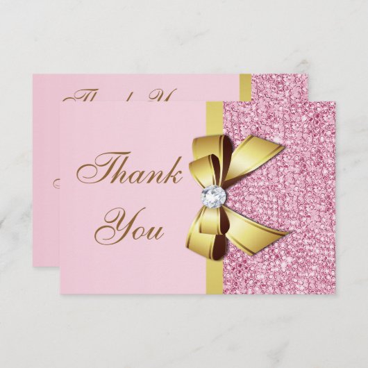 Bruiloft dank u Faux roze pailletten gouden strik Bedankkaart (Voorkant / Achterkant)