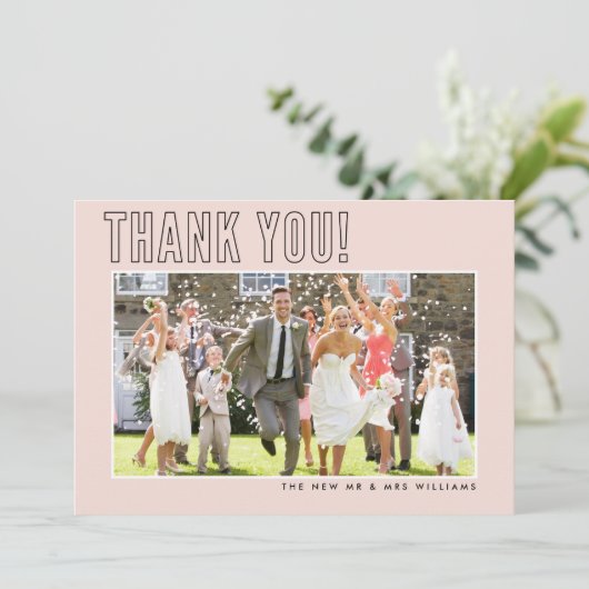 BRUILOFT DANK U foto eenvoudige omtrek blush roze Bedankkaart (Staand voorkant)
