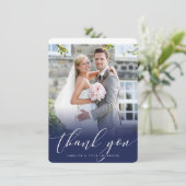 BRUILOFT DANK U foto elegante kalligrafie marine Bedankkaart (Staand voorkant)