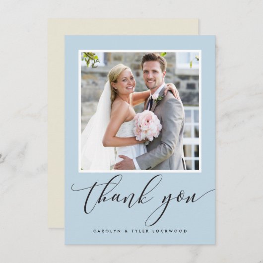 BRUILOFT DANK U foto kalligrafie eend ei blauw Bedankkaart (Voorkant / Achterkant)