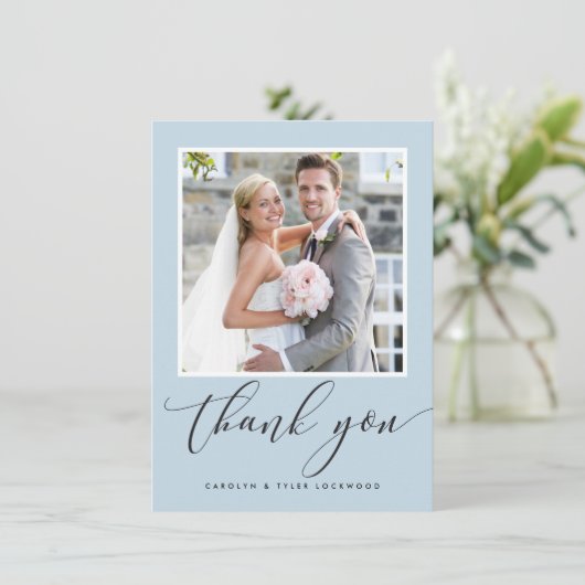 BRUILOFT DANK U foto kalligrafie eend ei blauw Bedankkaart (Staand voorkant)