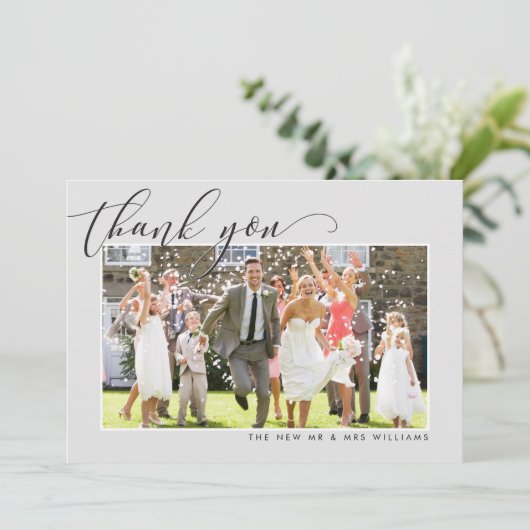 BRUILOFT DANK U foto kalligrafie elegant grijs Bedankkaart (Staand voorkant)