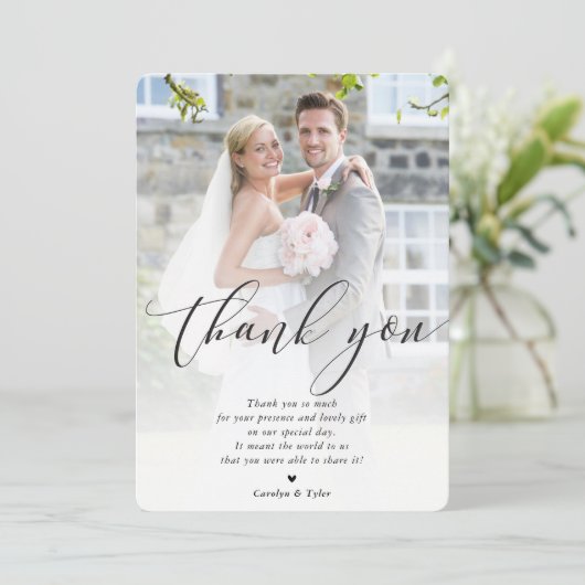 BRUILOFT DANK U foto kalligrafie  overlay Bedankkaart (Staand voorkant)