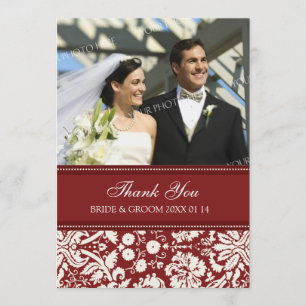 Bruiloft dank u fotokaarten rood damask bedankkaart