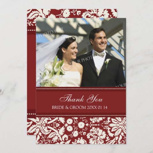 Bruiloft dank u fotokaarten rood damask bedankkaart (Voorkant / Achterkant)