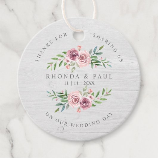 Bruiloft Dank u Gasten Pink Floral Garland Wood Bedankjes Labels (Voorkant)