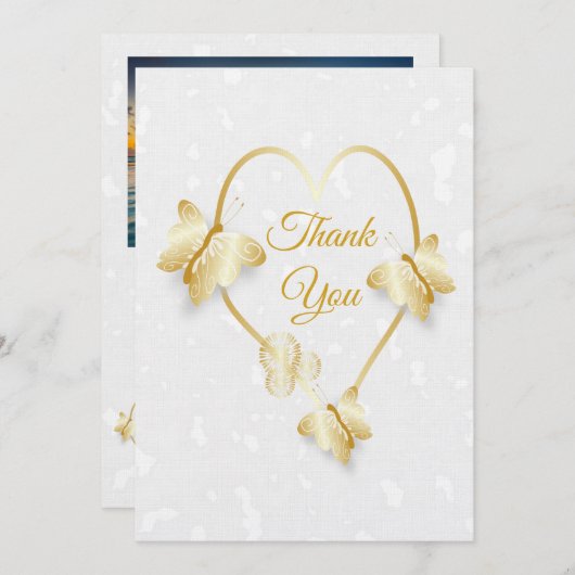 Bruiloft Dank u kaart Gouden Kleur Hart Vlinder (Voorkant / Achterkant)