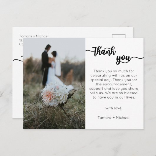 Bruiloft Dank u kaart, modern script Briefkaart (Voorkant / Achterkant)