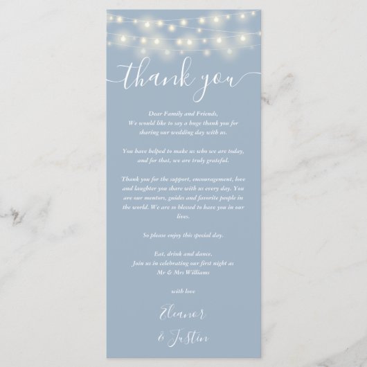 Bruiloft dank u lichten stoffige blauwe plaats kaa menu (Voorkant)