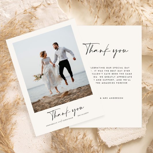 Bruiloft dank u moderne foto minimale script kaart