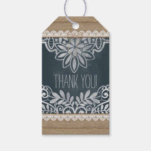 Bruiloft Dank u Rustieke Burlap Lace krijtbord Cadeaulabel (Voorkant)
