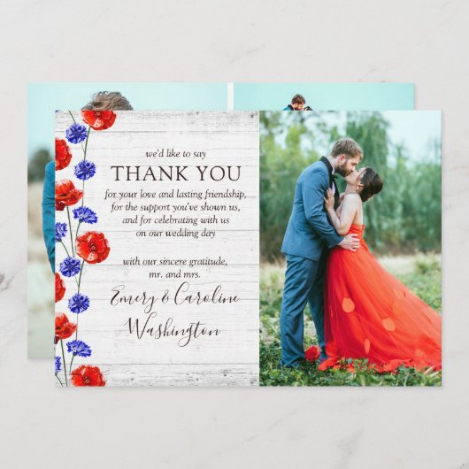 Bruiloft dank u rustieke rode klaproos 4-foto kaar kaart (Voorkant / Achterkant)