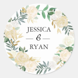 Bruiloft Dank u stickers | Witte & gouden bloemen