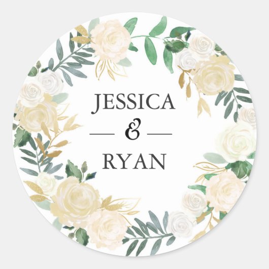Bruiloft Dank u stickers | Witte & gouden bloemen (Voorkant)