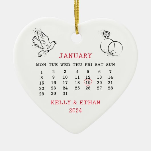 Bruiloft Datum Hart Kalender Getrouwd Keramisch Ornament (Voorkant)