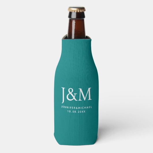 Bruiloft Datum Namen Monogram Donker Blauwgroen Sj Flesjeskoeler (Fles Voorkant)