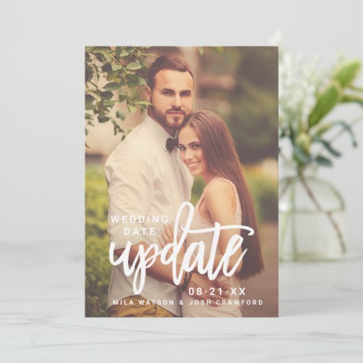 Bruiloft Datum Update Geborsteld Script Foto Save The Date (Staand voorkant)