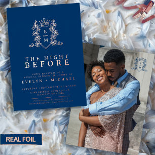 Bruiloft de nacht voor roos goudblauw monogram folie uitnodiging