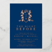 Bruiloft de nacht voor roos goudblauw monogram folie uitnodiging (Voorkant)