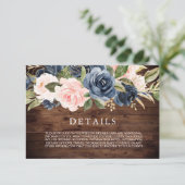 Bruiloft Detailkaart 'Rustic Elegant Navy & Blush' RSVP Kaartje (Staand voorkant)