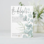 Bruiloft Details Blauw Eucalyptus Script Informatiekaartje (Staand voorkant)