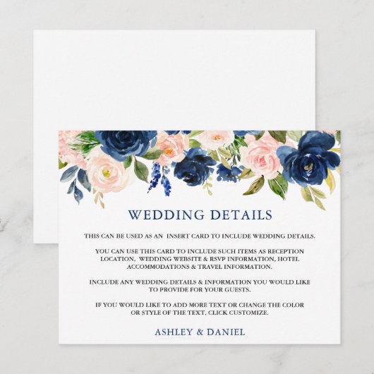 Bruiloft Details Blauw Roze Bloemen Inzetstuk Kaar Briefkaart (Voorkant / Achterkant)