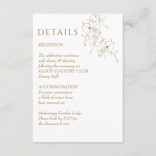 Bruiloft details botanisch goud eenvoudig elegant informatiekaartje (Voorkant)