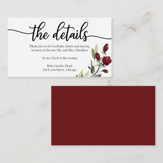 Bruiloft Details Bourgondië Floral Informatiekaartje (Voorkant / Achterkant)