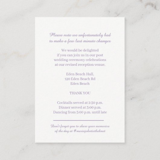 Bruiloft details eenvoudige paarse bloemen informatiekaartje (Achterkant)