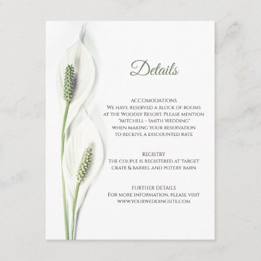 Bruiloft DETAILS Floral White Calla Peace Lily Informatiekaartje (Voorkant)