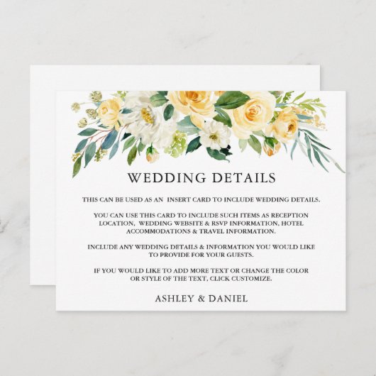Bruiloft Details Geel Bloemen Inzetstuk Kaart (Voorkant / Achterkant)