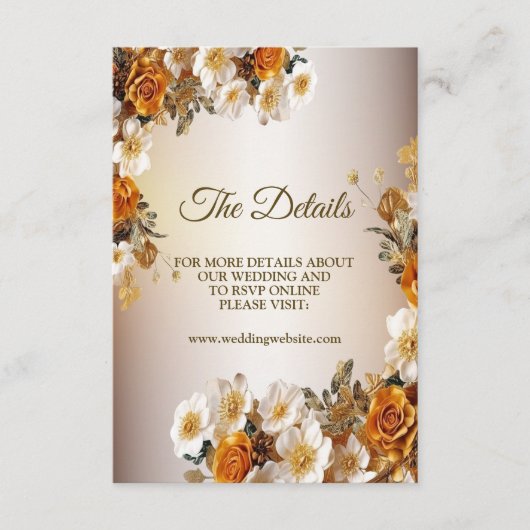 Bruiloft Details Gouden Sinaasappel Wit Bloem Eleg Informatiekaartje (Voorkant)