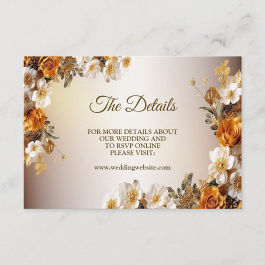 Bruiloft Details Gouden Sinaasappel Wit Bloem Eleg Informatiekaartje (Voorkant)