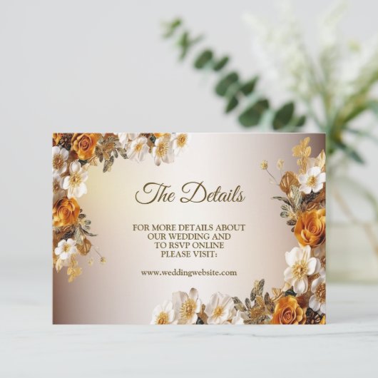 Bruiloft Details Gouden Sinaasappel Wit Bloem Eleg Informatiekaartje (Staand voorkant)