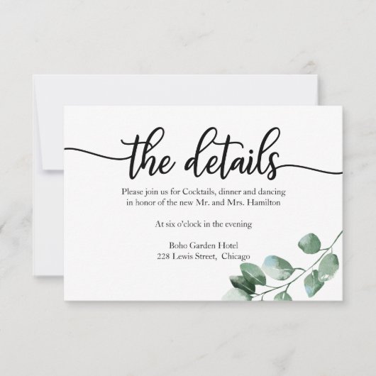 Bruiloft Details Groen Eucalyptus RSVP Kaartje (Voorkant)