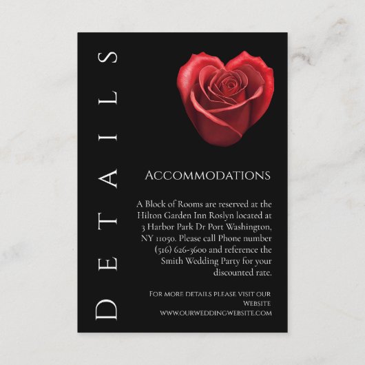 Bruiloft Details-hart vormige rode roos- Informatiekaartje (Achterkant)