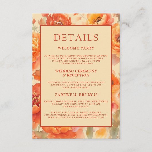 Bruiloft Details Herfst Verbrand Sinaasappel Bloem Informatiekaartje (Voorkant)