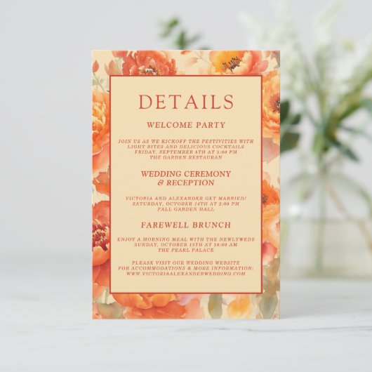 Bruiloft Details Herfst Verbrand Sinaasappel Bloem Informatiekaartje (Staand voorkant)