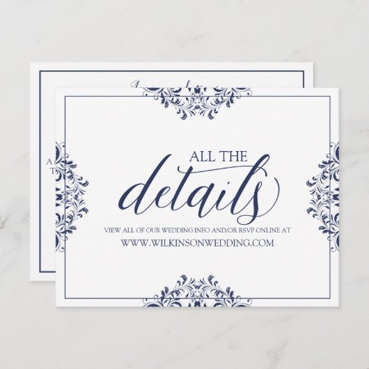 Bruiloft Details / Info Kaart Elegant Navy Blue (Voorkant / Achterkant)